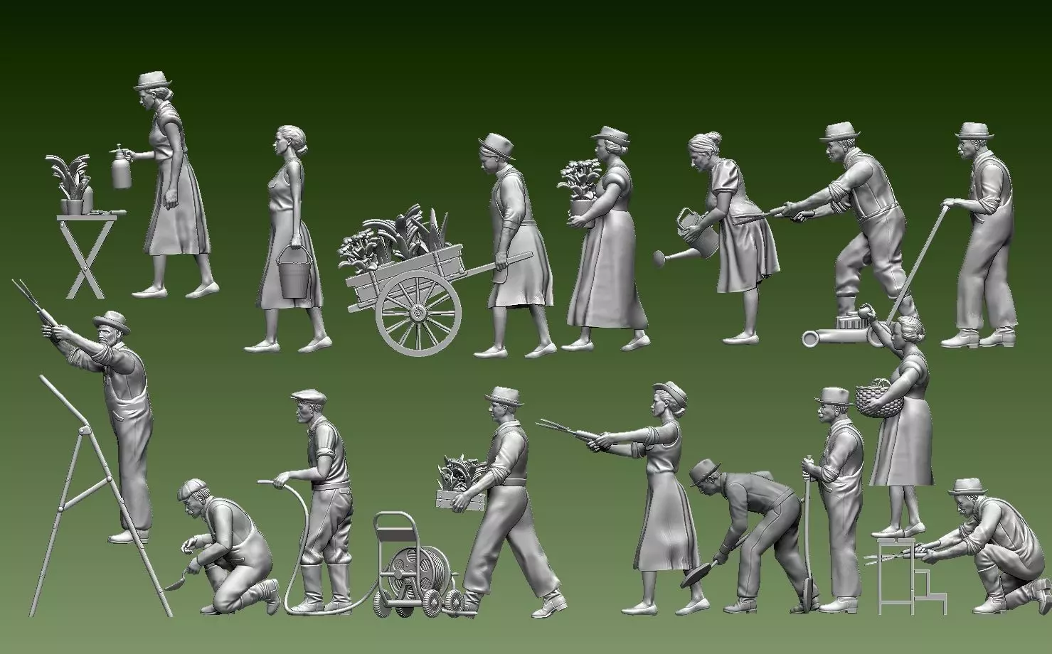 gardeners group of figurines in poses 3D print model