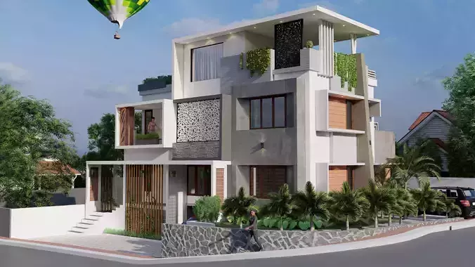Contemporary two story house 3D model 3D model