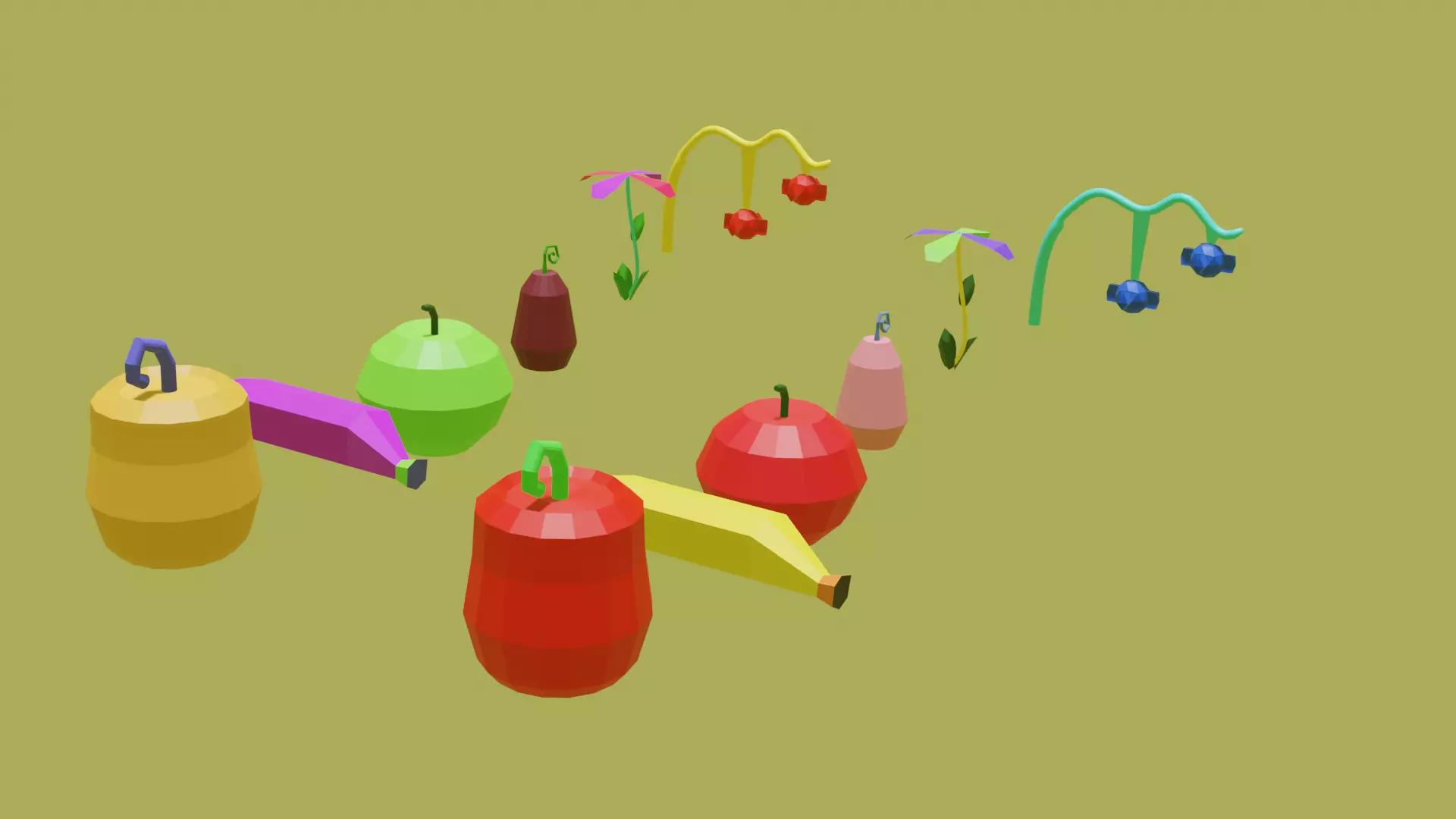 Asset pack of fruits vegetables and flowers Free low-poly 3D model