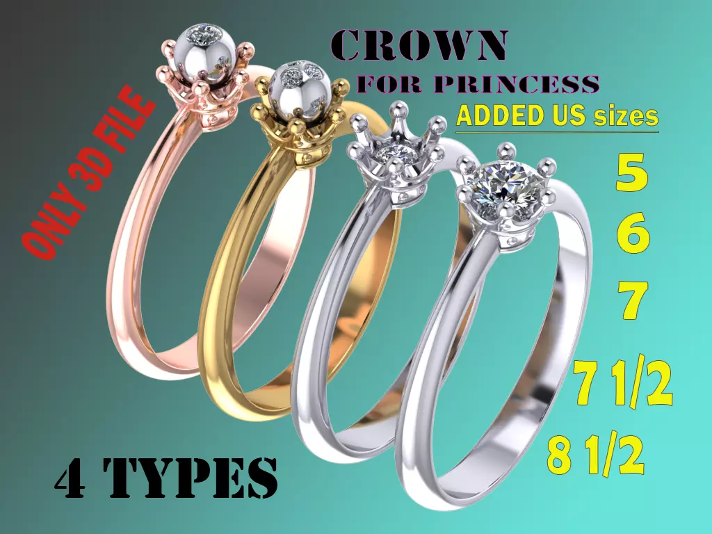 4 types Printable ring crown for princess 3D print model_0
