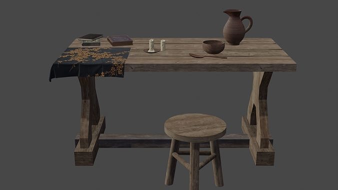 Medieval Wood Table with environment - Game ready 3D model Low-poly 3D model
