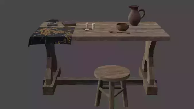Medieval Wood Table with environment - Game ready 3D model