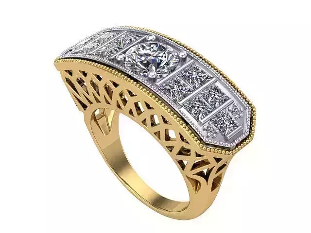 Round and Princess Golden Wide Diamond Ring 