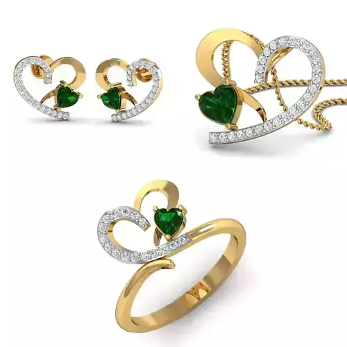 Heart Women Earring Pandant Ring Set 3dm Render