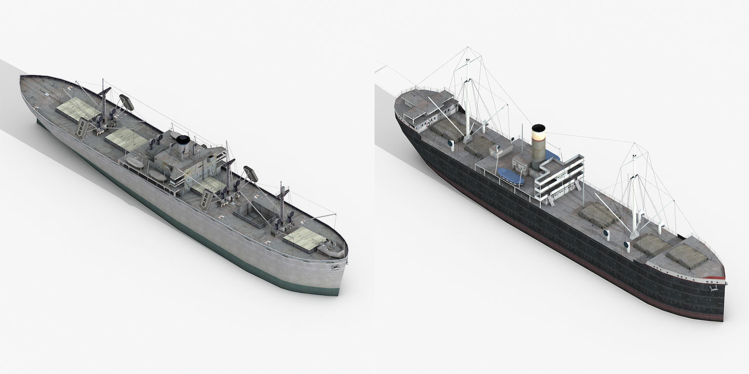 Old Retro Motor Ship Cargo and Military 3D Models Low-poly 3D model_1