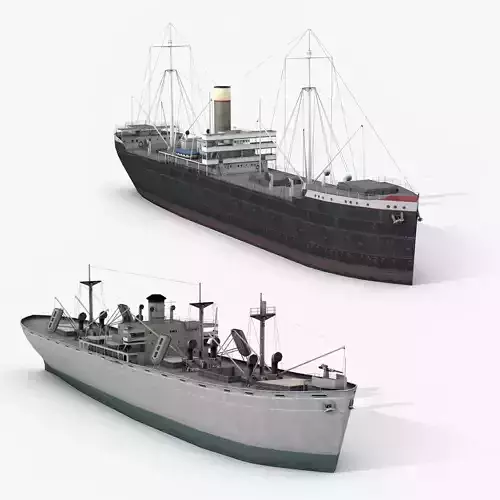 Old Retro Motor Ship Cargo and Military 3D Models Low-poly 3D model