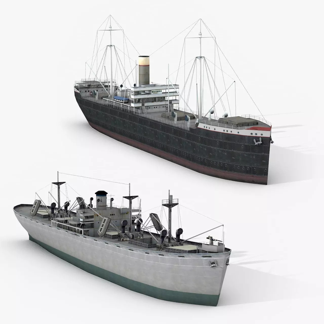 Old Retro Motor Ship Cargo and Military 3D Models Low-poly 3D model_0
