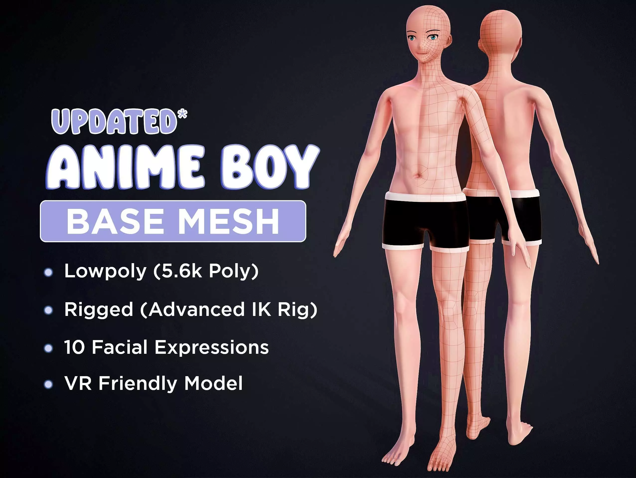 Anime Boy Base Mesh Low-poly 3D model_0