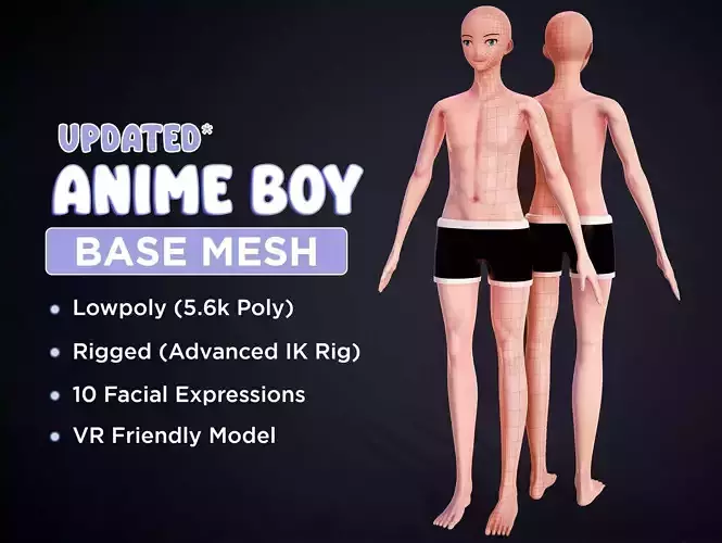 Anime Boy Base Mesh Low-poly 3D model