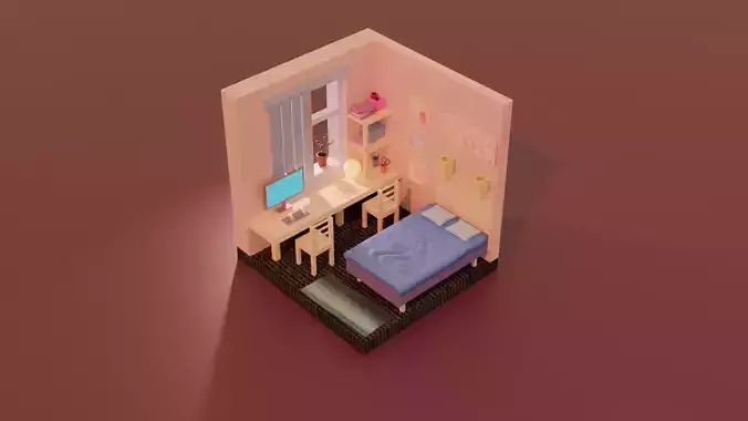 Low-poly bedroom room with bed and desk