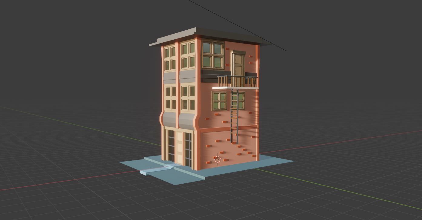 Low Poly Building with fire escape Low-poly 3D model_4