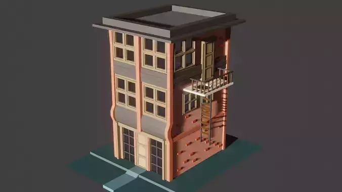 Low Poly Building with fire escape Low-poly 3D model