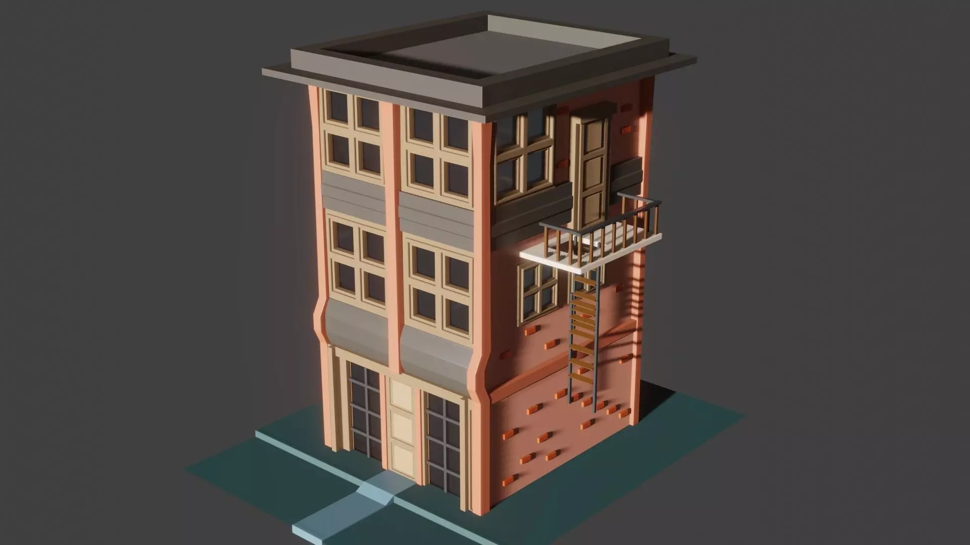 Low Poly Building with fire escape Low-poly 3D model_0