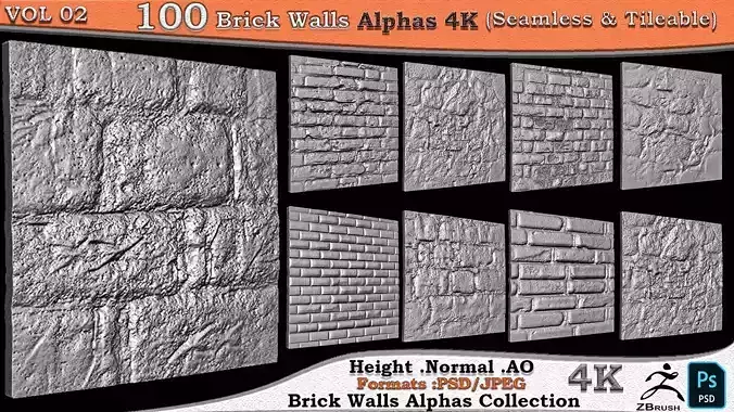 100 Brick Wall Alphas Collection Seamless -Tileable Vol 02