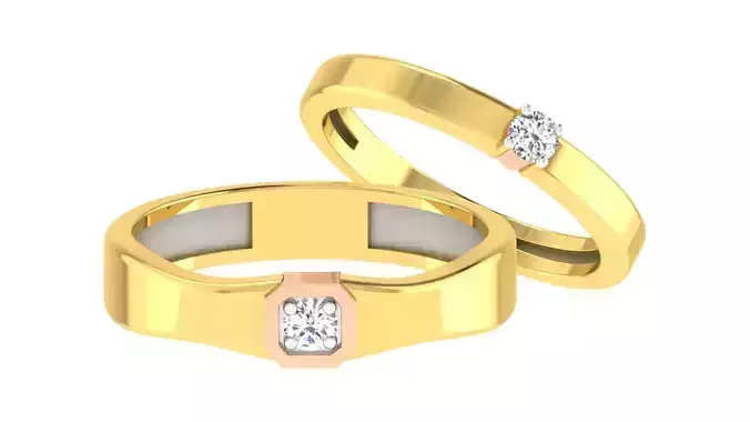 Solitaire Couple Band Ring 3dm stl render detail