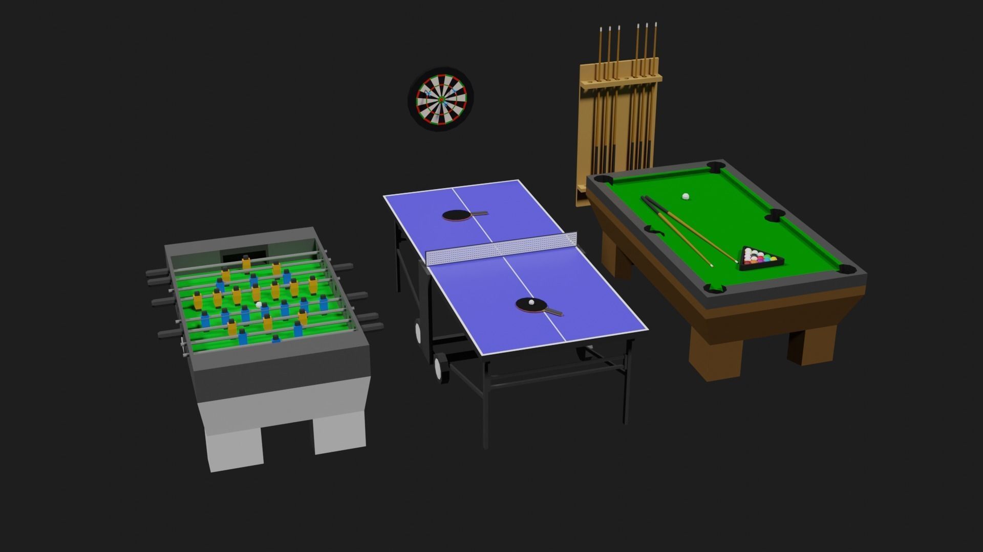 Lowpoly Pub Game Set Pool-Table Tabletennis Tablesoccer Darts Low-poly 3D model_4