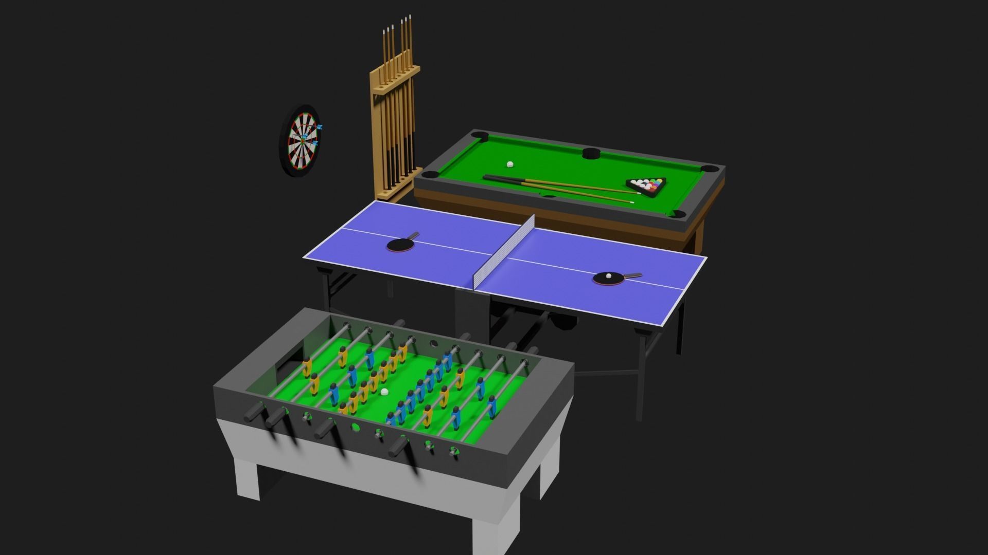 Lowpoly Pub Game Set Pool-Table Tabletennis Tablesoccer Darts Low-poly 3D model_28