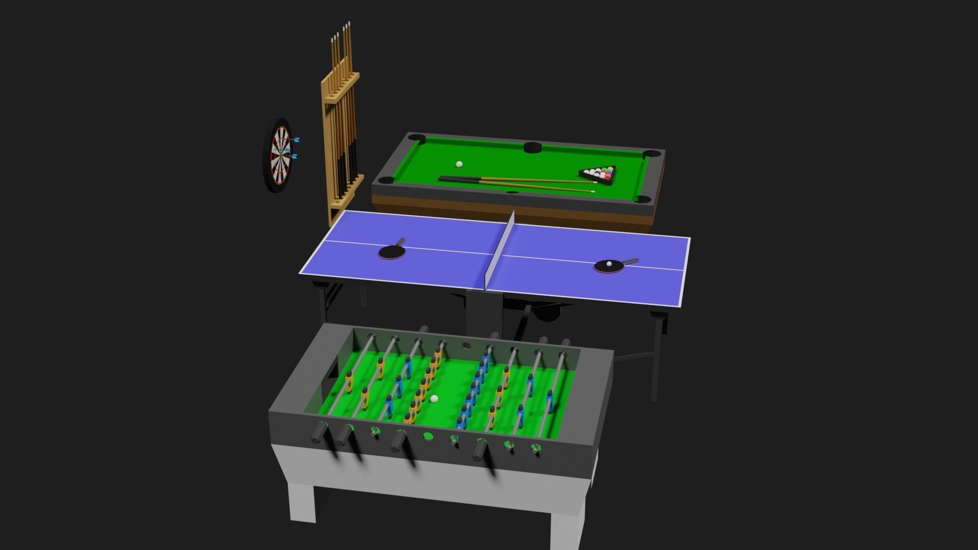 Lowpoly Pub Game Set Pool-Table Tabletennis Tablesoccer Darts Low-poly 3D model_27