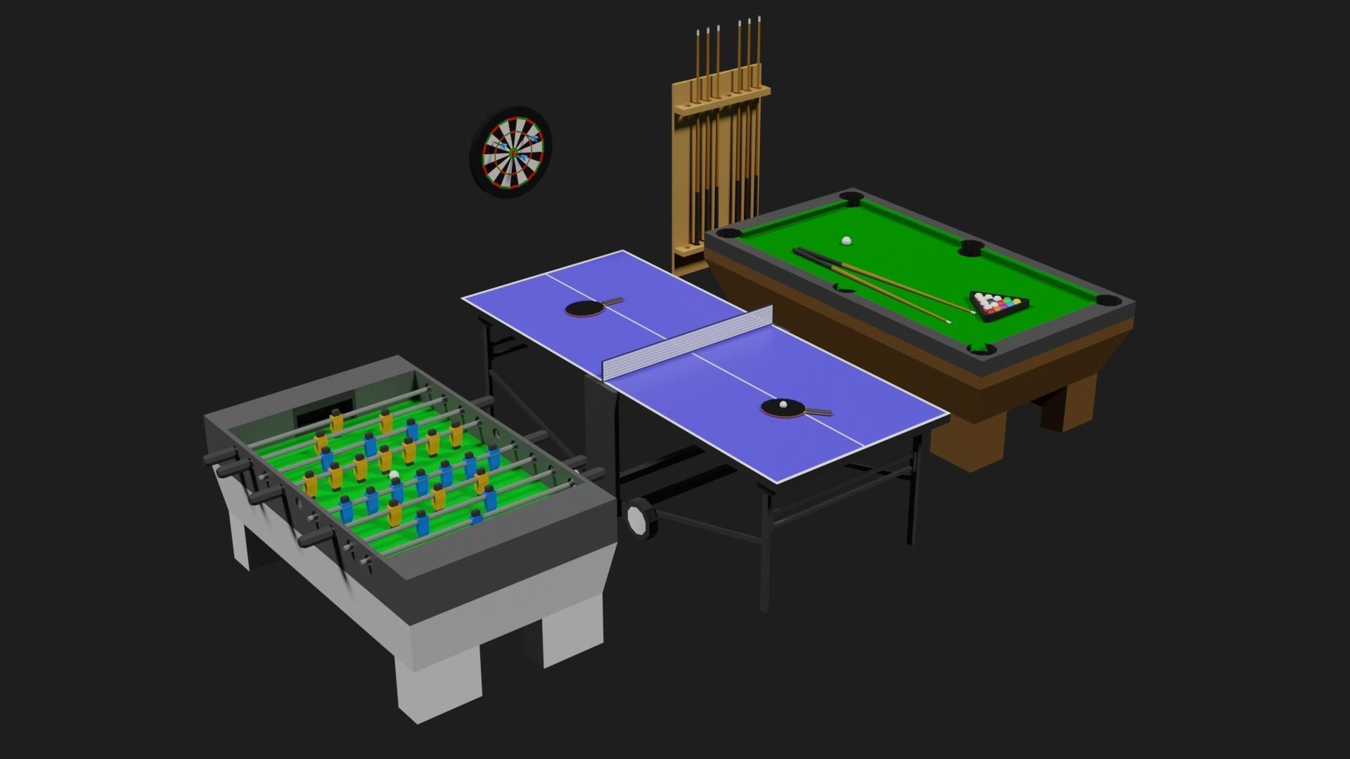 Lowpoly Pub Game Set Pool-Table Tabletennis Tablesoccer Darts Low-poly 3D model_2