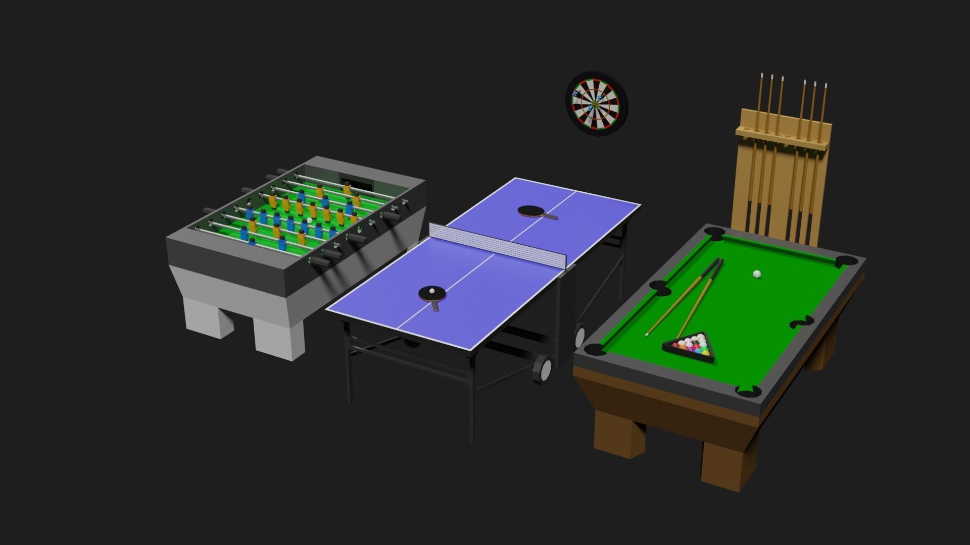 Lowpoly Pub Game Set Pool-Table Tabletennis Tablesoccer Darts Low-poly 3D model_7