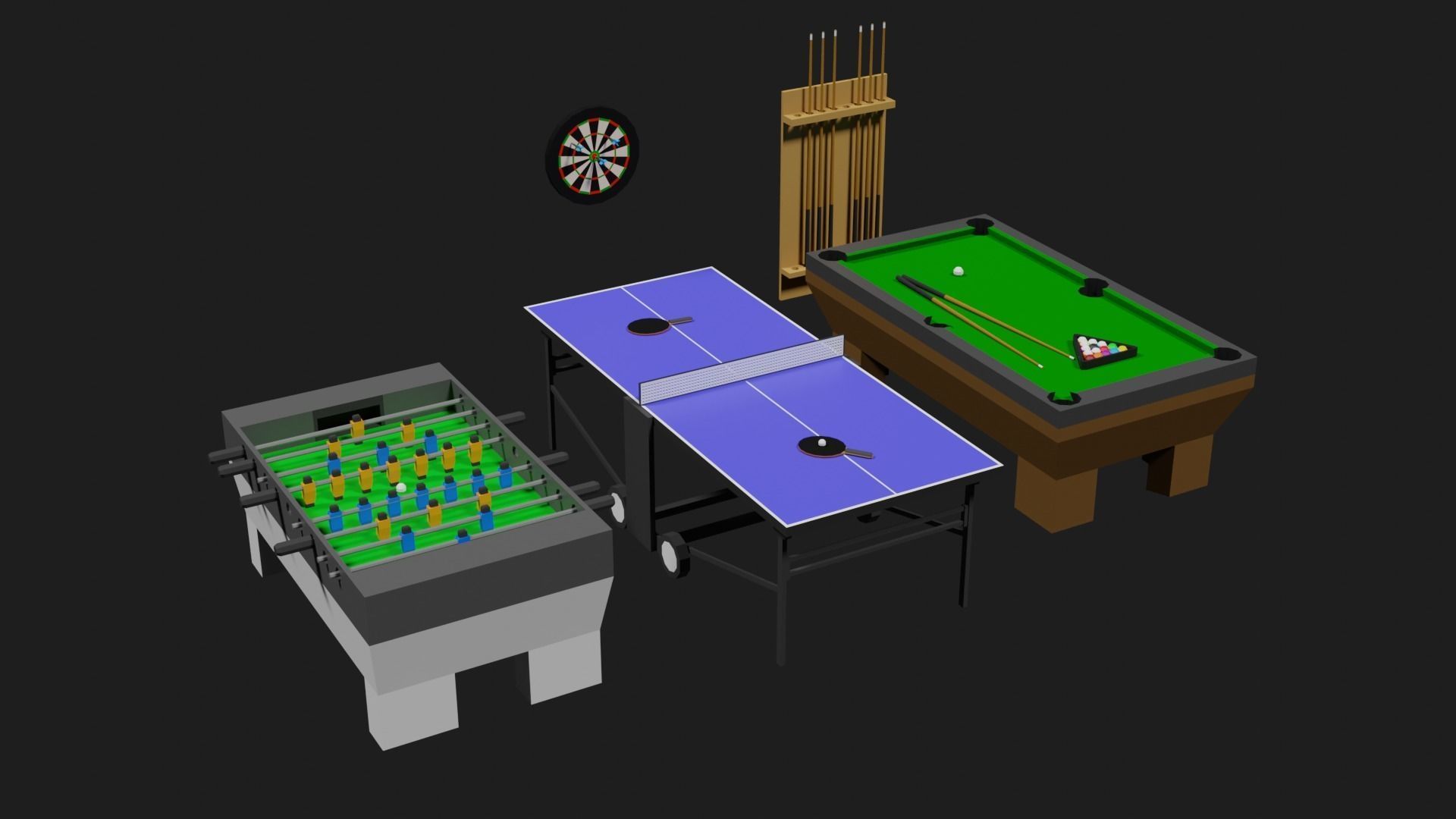 Lowpoly Pub Game Set Pool-Table Tabletennis Tablesoccer Darts Low-poly 3D model_3