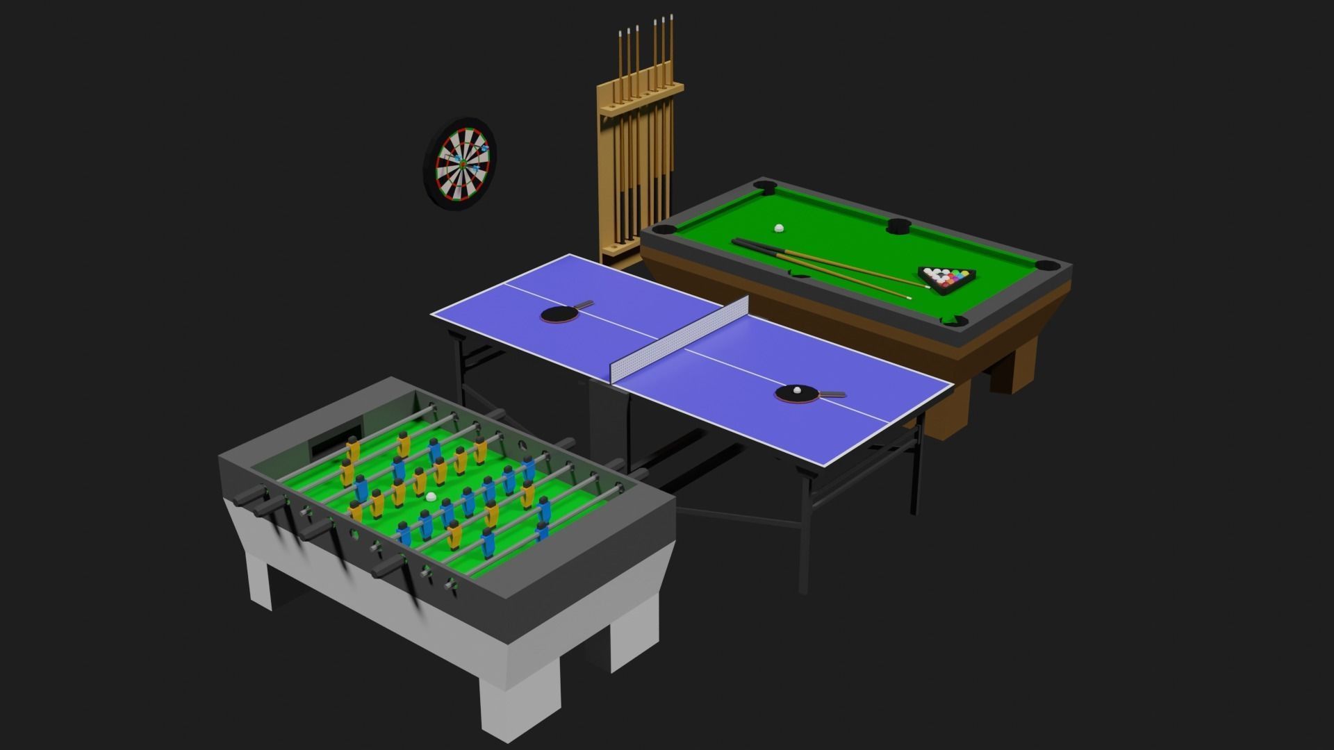 Lowpoly Pub Game Set Pool-Table Tabletennis Tablesoccer Darts Low-poly 3D model_30