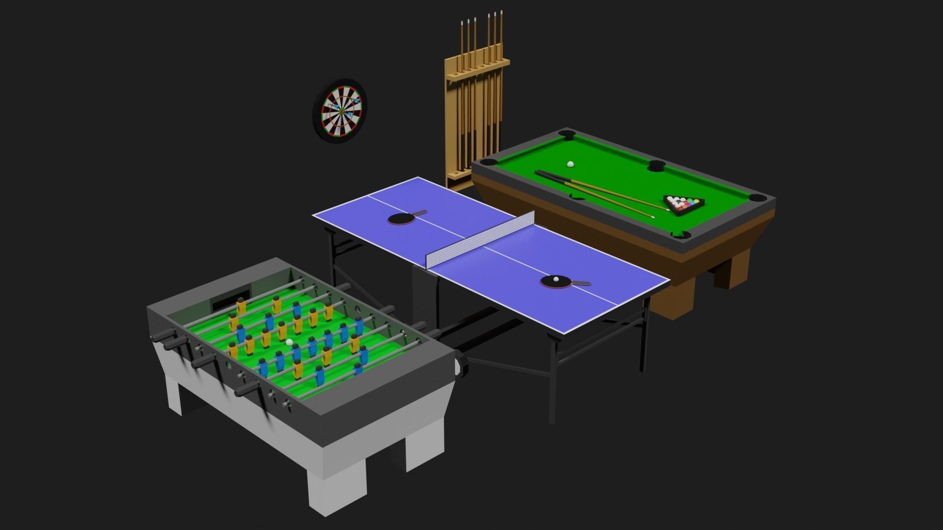 Lowpoly Pub Game Set Pool-Table Tabletennis Tablesoccer Darts Low-poly 3D model_32