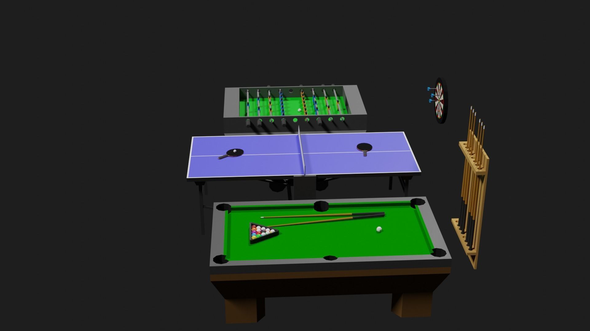 Lowpoly Pub Game Set Pool-Table Tabletennis Tablesoccer Darts Low-poly 3D model_11