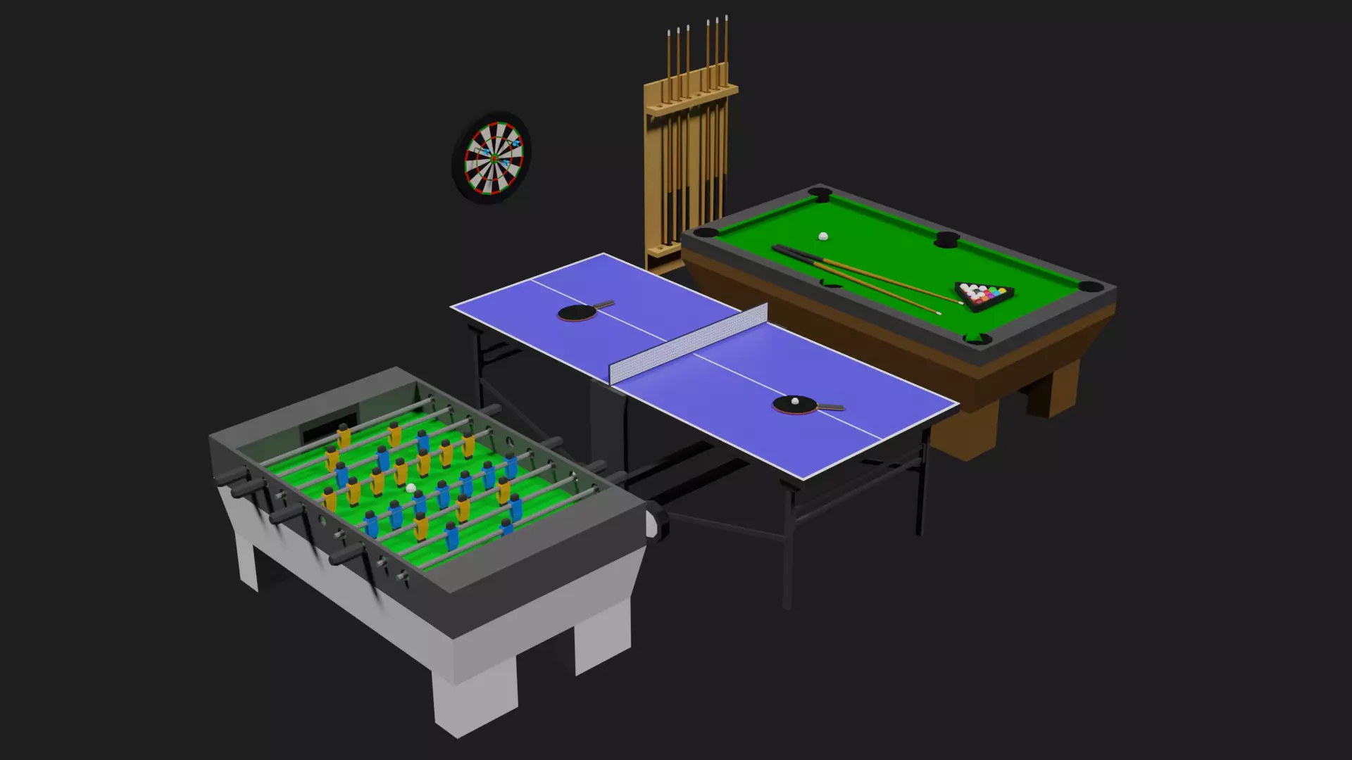 Lowpoly Pub Game Set Pool-Table Tabletennis Tablesoccer Darts Low-poly 3D model_0