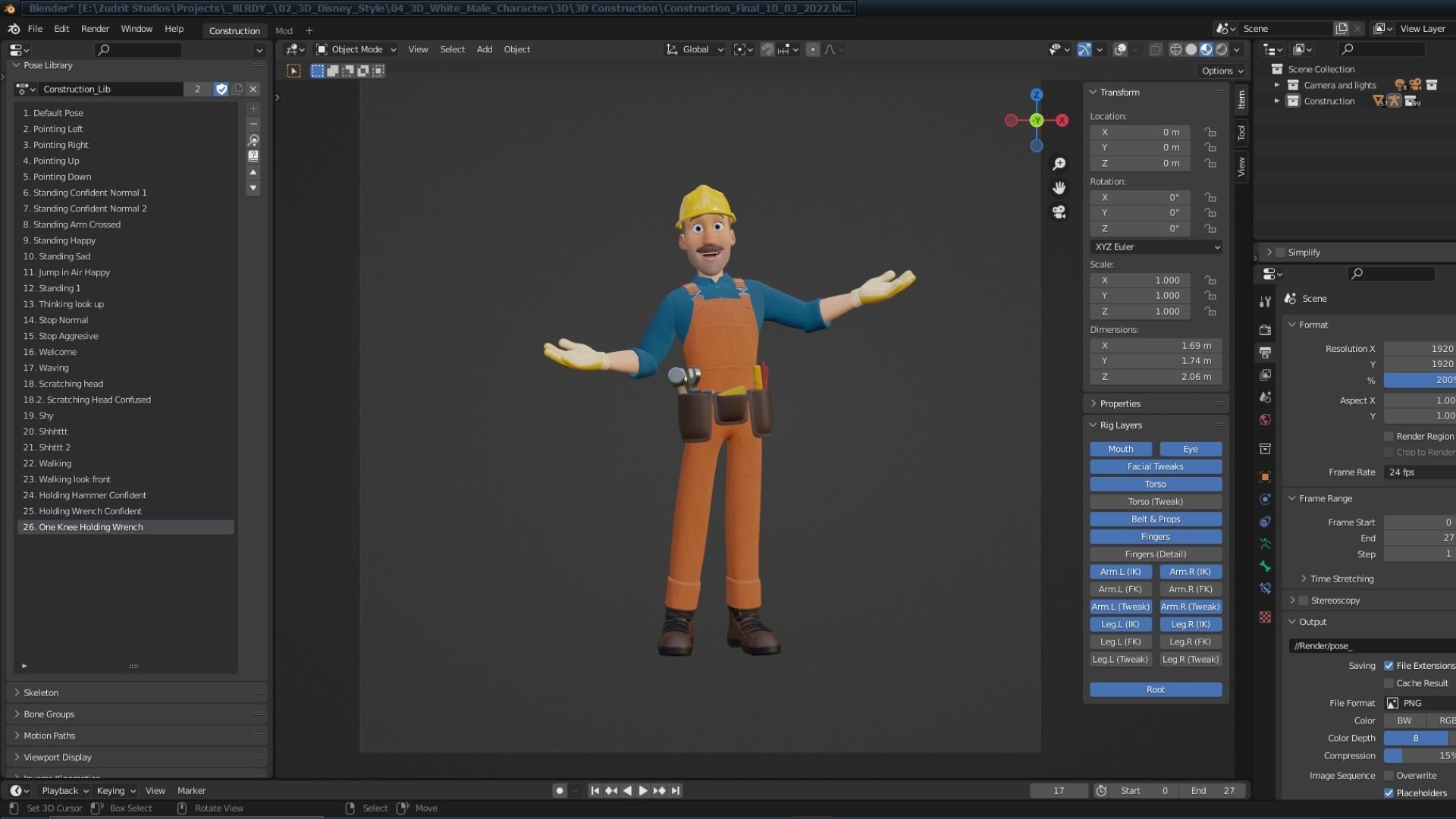 Male Cartoon Worker Builder Character  3D model_5