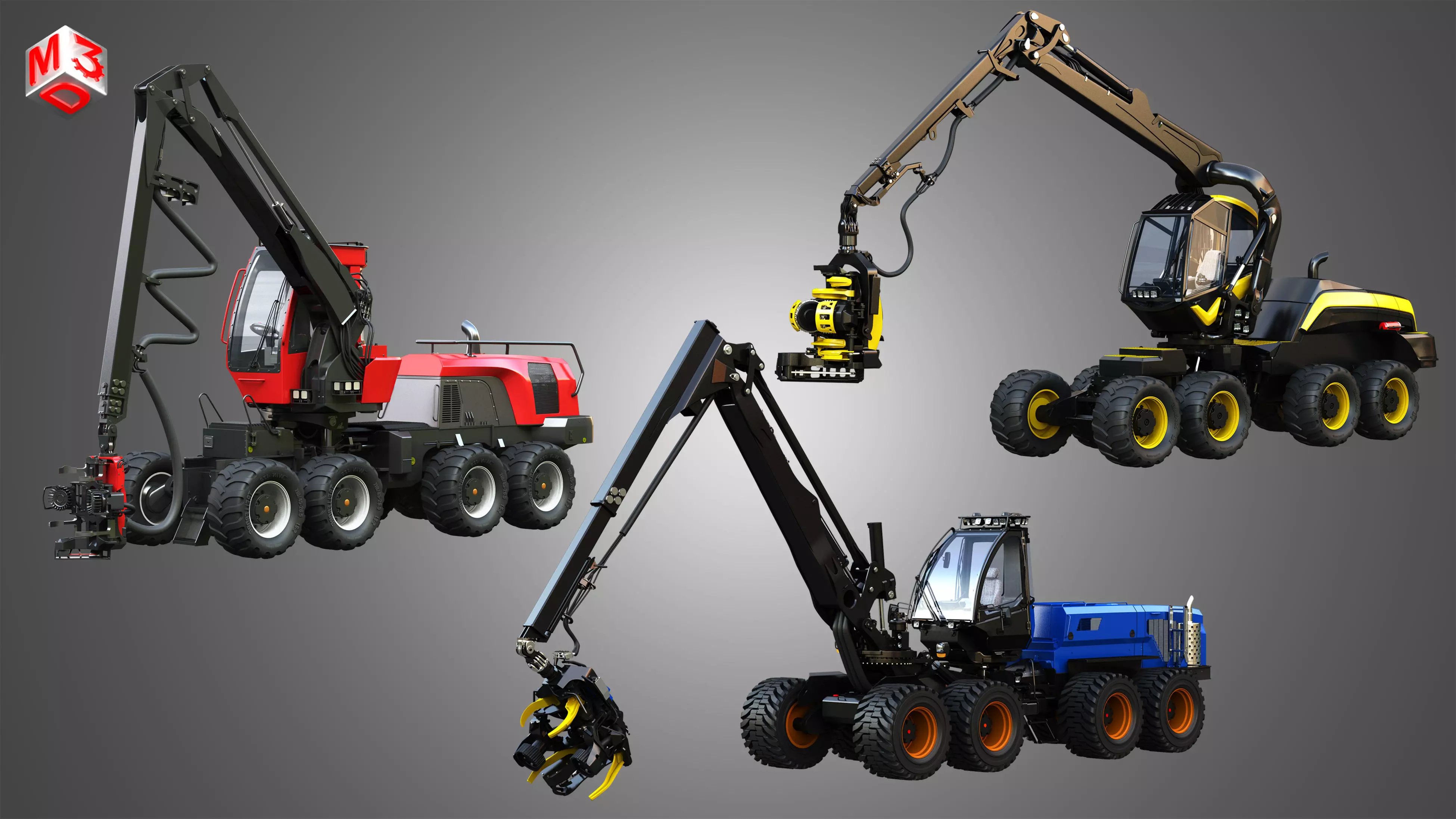 Forestry Harvesters - Tree Cutters - 3 in 1 Package 3D Model Collection_0