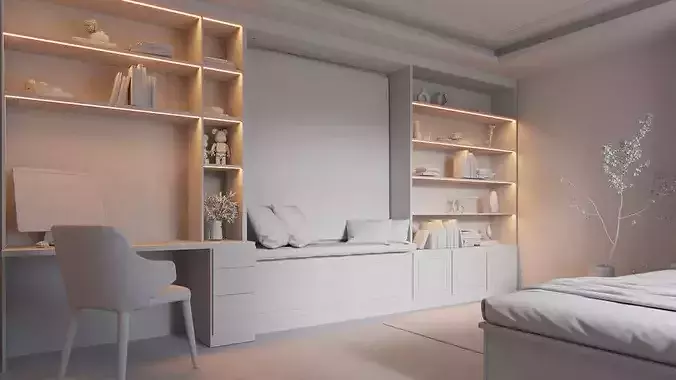 Bookshelf - desk - seating area interior scene 3D model 5