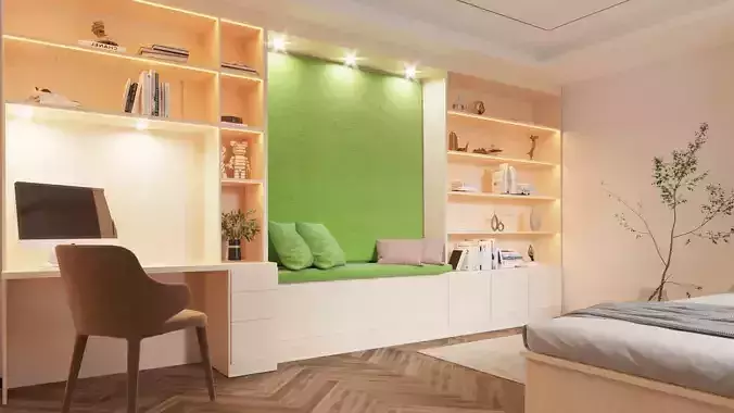 Bookshelf - desk - seating area interior scene