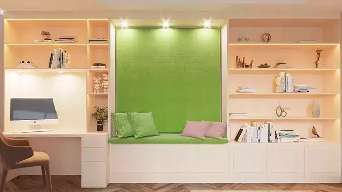 Bookshelf - desk - seating area interior scene 3D model 4