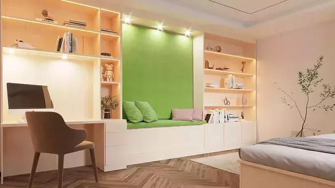 Bookshelf - desk - seating area interior scene 3D model 2