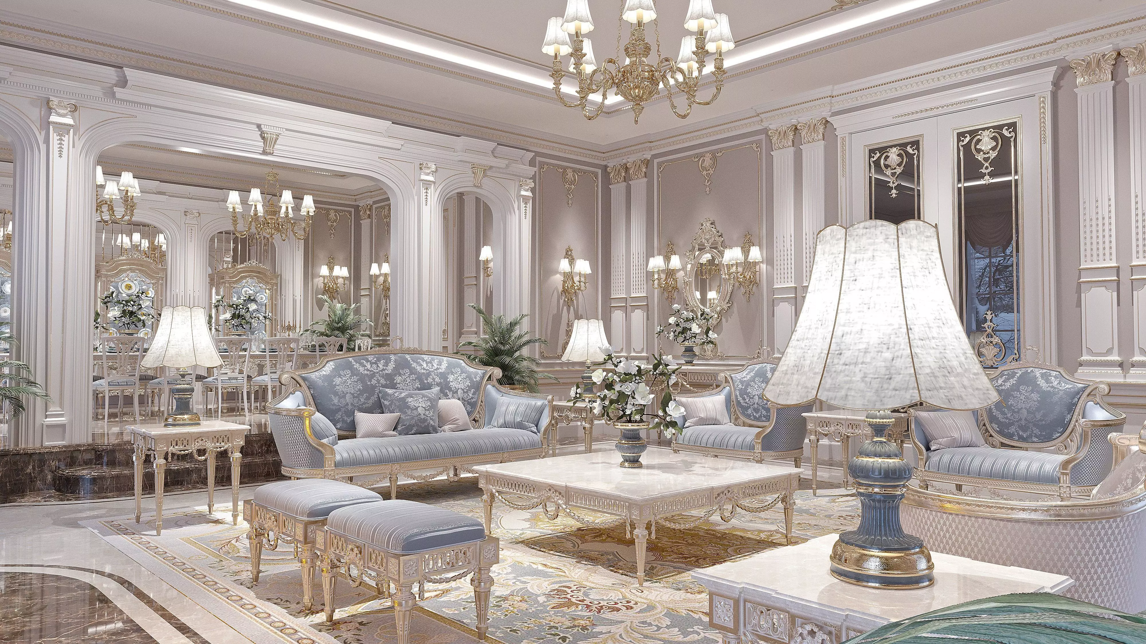 classical living room and dining room 3D model_0