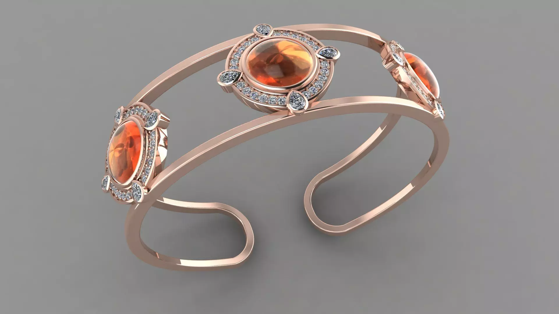BPY-001 rose gold cuff ring with orange stones and diamonds 3D print model_0