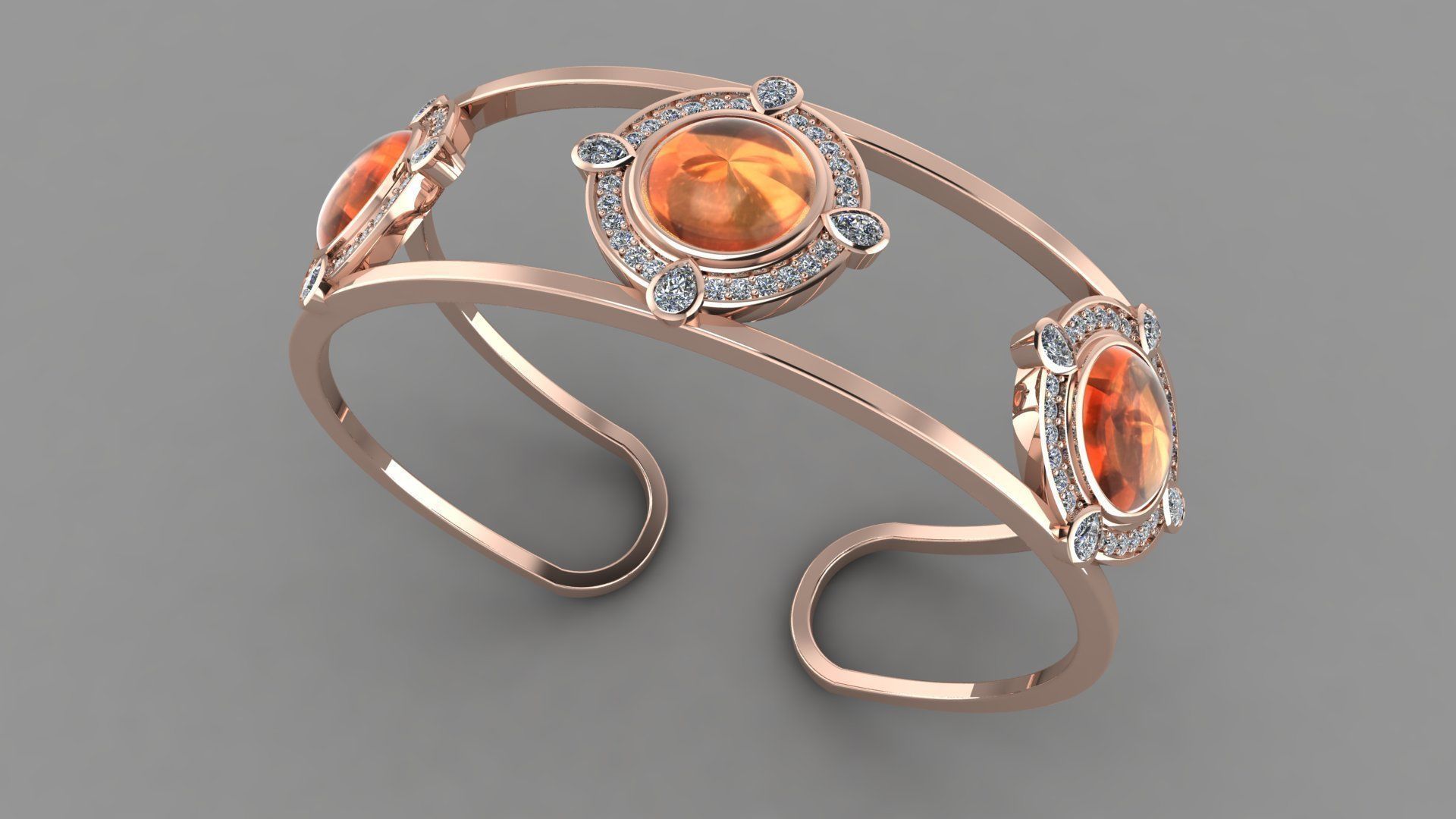 BPY-001 rose gold cuff ring with orange stones and diamonds 3D print model_1