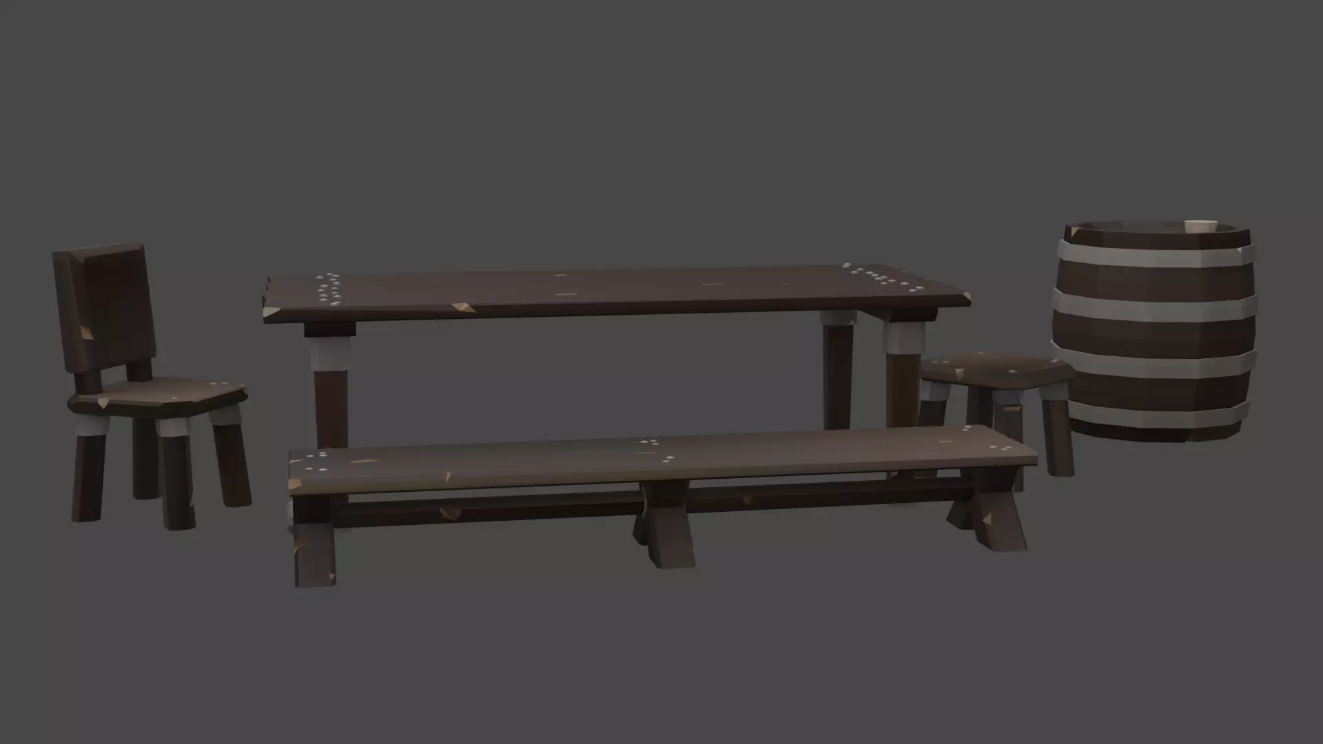 LowPolly table chairs barel set Low-poly 3D model_0