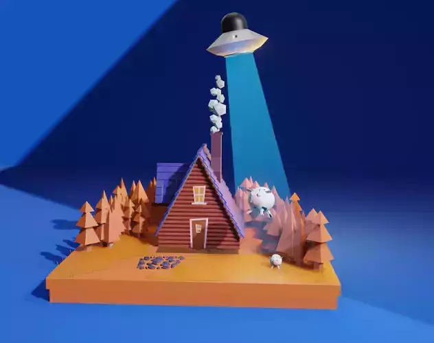 3d scene Abduction of a cow in the village