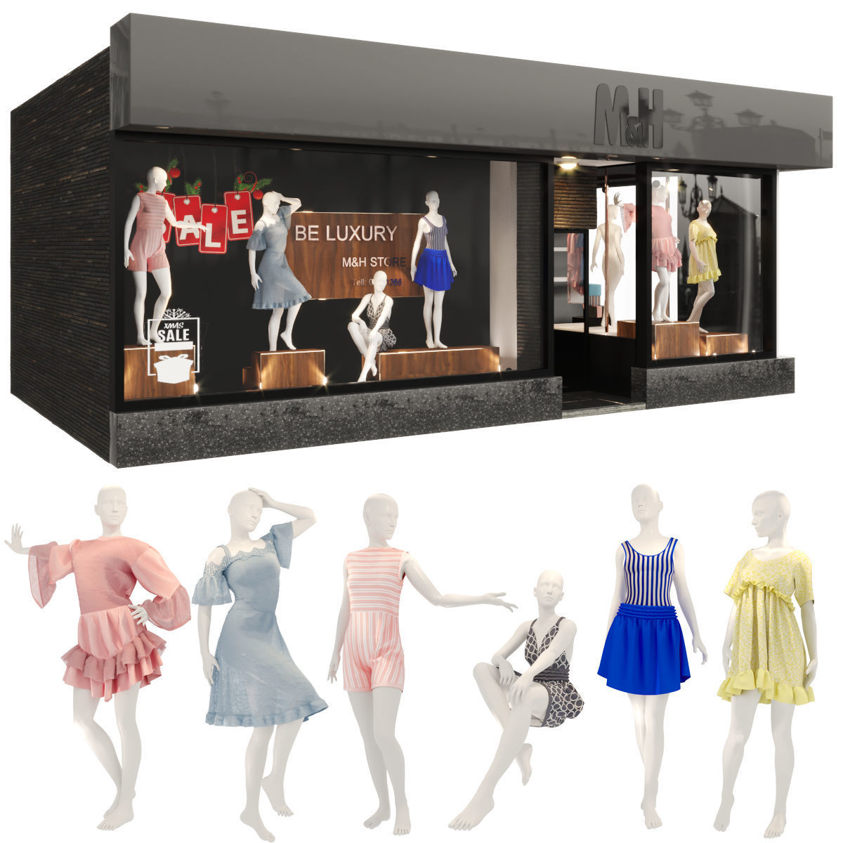 store-05 mannequin wearing striped romper 3D model_1