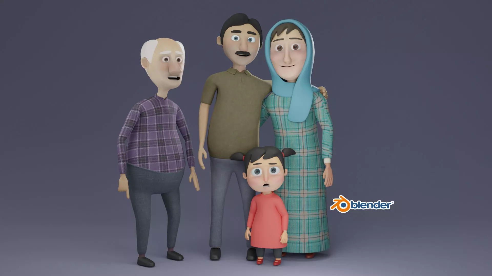 Cartoon Family Rigged 3D model - 4 characters low poly Low-poly 3D model_0