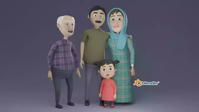 Cartoon Family Rigged  3D model - 4 characters low poly  Low-poly 3D model