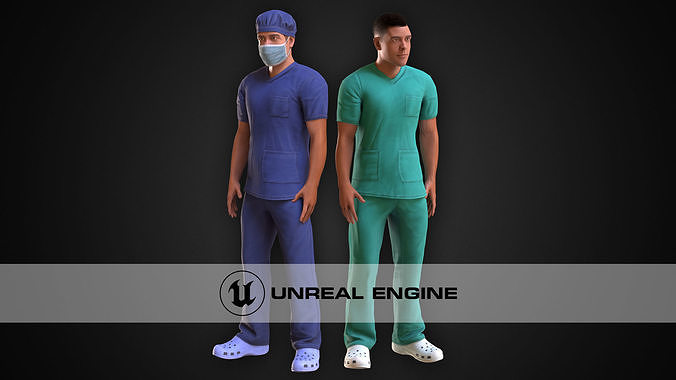 Medic two men in scrub suits Low-poly 3D model