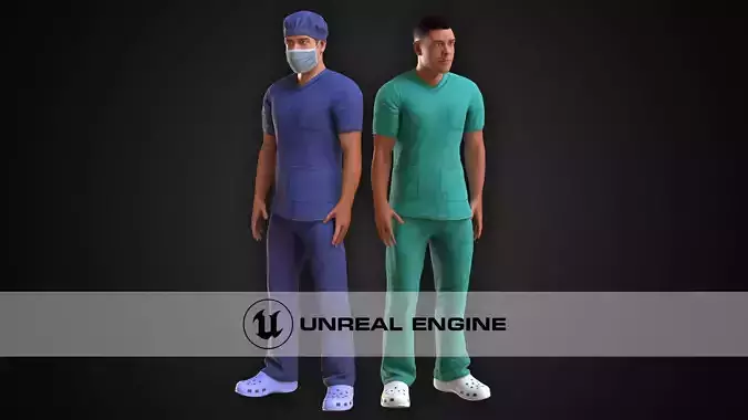 Medic two men in scrub suits Low-poly 3D model
