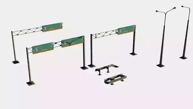 highway guard rail signs and street lights with 4k pbr textures Low-poly 3D model