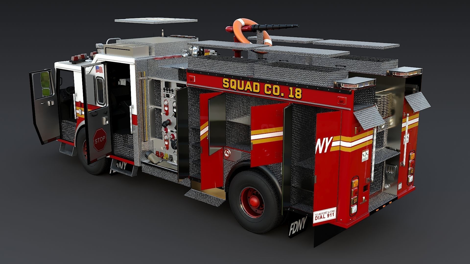 Fire Truck FDNY Squad with Interior Low-poly 3D model_12