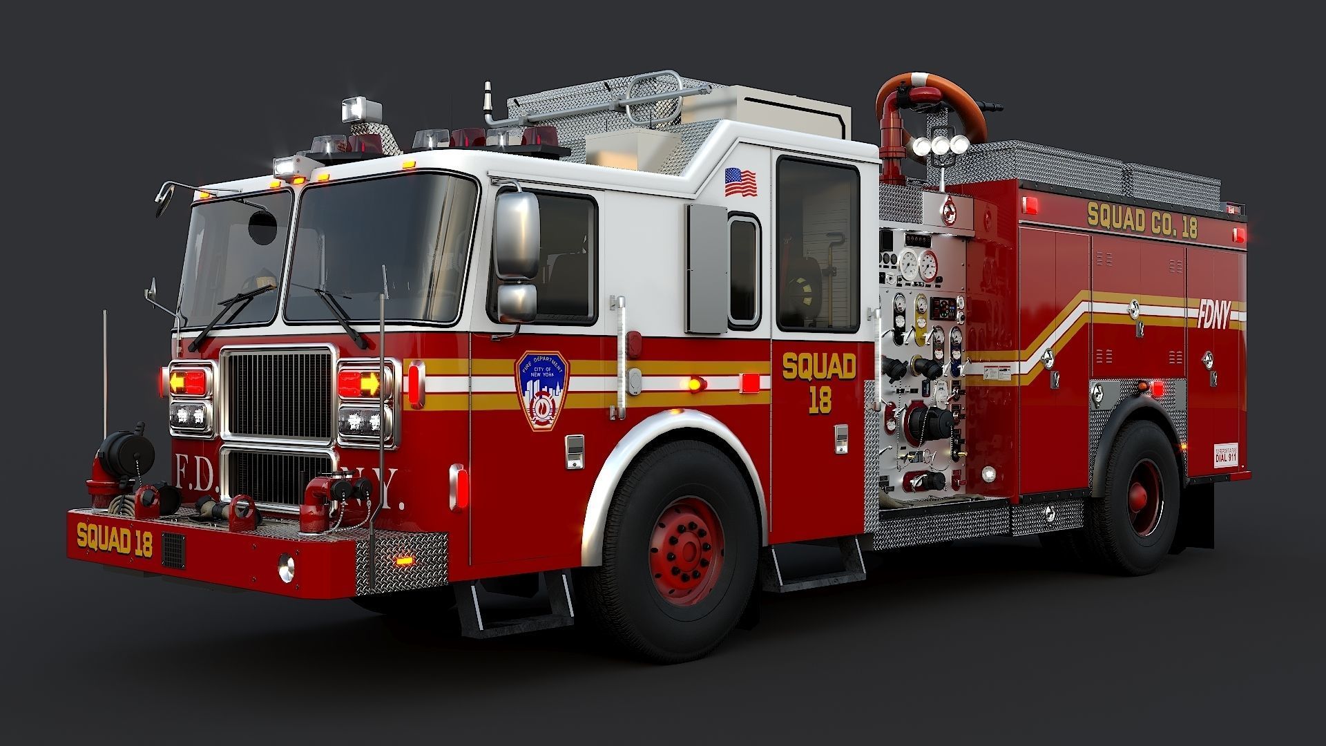 Fire Truck FDNY Squad with Interior Low-poly 3D model_2
