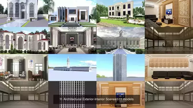 11 Architectural Exterior-Interior Scenes 3D Model Collection