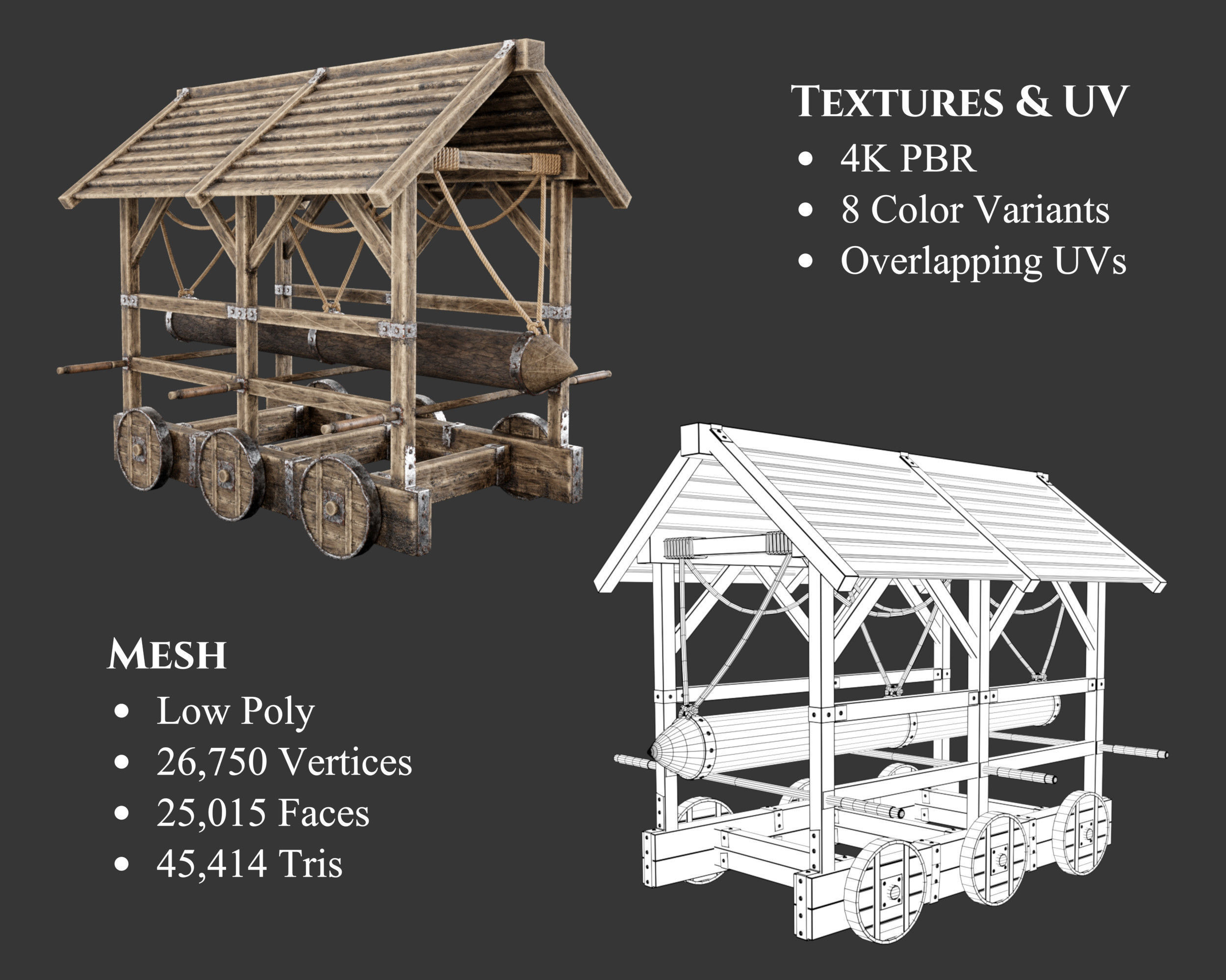 Medieval Siege Engine Battering Ram Low-poly 3D model_2